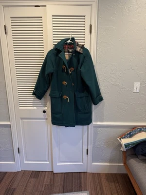 Vintage Lands End Duffel Coat Womens M Turquoise Wool Toggle Front Made in USA - Image 1 of 4