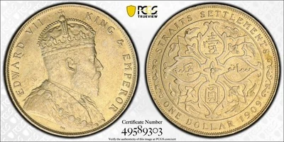Straits Settlements, 1909 Edward VII Dollar. PCGS AU 58. 1,014,000 Mintage - Image 1 of 4