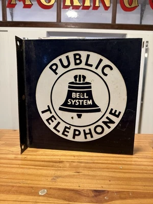 Bell System Public Telephone 2-Sided Porcelain 18"x18" Flange Sign Original - Image 1 of 4
