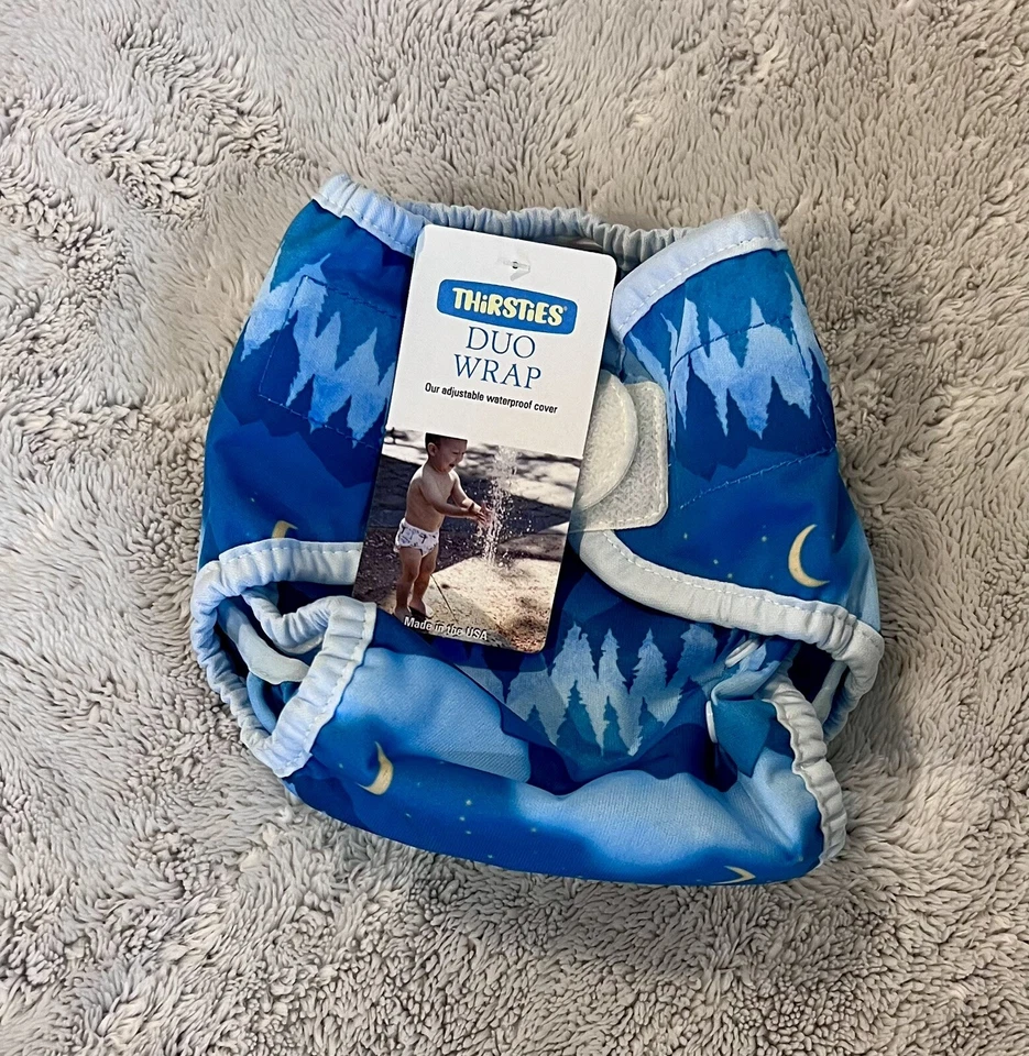 Thirsties Duo Envoltura Talla Uno Nuevo con Etiquetas Cubierta de Pañal Gancho y Lazo Azul Montaña Foto 1 de 4