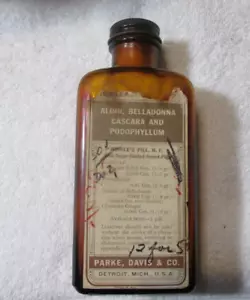 Vintage Aloin Belladonna Cascara & Podophyllum Bottle Parke Davis Laxative Full - Picture 1 of 7