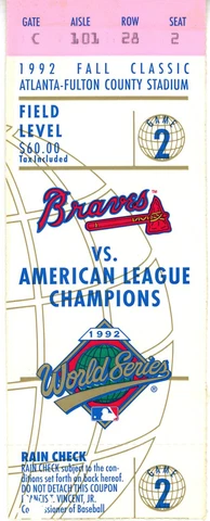 1992 World Series Game 2 Ticket Toronto Blue Jays vs Atlanta Braves 37596 Cover