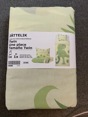 IKEA Dinosaurs JATTELIK Twin Duvet Cover & Pillowcase Kids Bed Set Green - Image 1 of 4