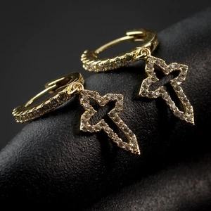 Men's Iced Dangle Cross Earrings Lab Grown Diamond 14k Yellow Gold Hoop Earrings - Picture 1 of 15