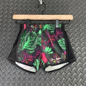 Nike Dri Fit Black Green Pink Leafs Flower Athletic Active Shorts Girls Medium - Picture 1 of 6