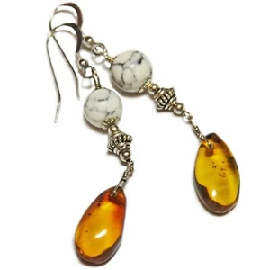 Stunning Sterling Silver Amber Drop and Howlite Bead Earrings By SoniaMcD - Picture 1 of 11