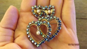 BLUE AURORA BOREALIS Rhinestone & Pearl HEART SHAPE PIN & PIERCED EARRINGS - Picture 1 of 4