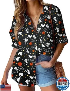 HOTOUCH Halloween Button Down Shirt Women V Neck Collared Long Sleeve Casual - Picture 1 of 2