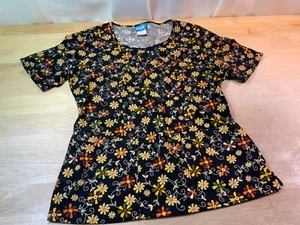 Women's H.Q. Scrub Top Sz S Black with Fall Flowers- Nice Looking!!* - Picture 1 of 6