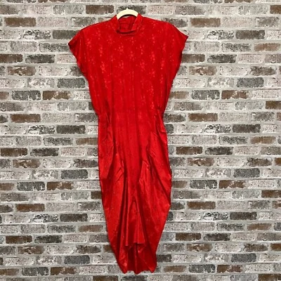 Vestido Vintage Rojo Acetato Estampado Floral Cuello Alto Dobladillo Tulipán Talla 9-10 Foto 1 de 4