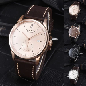 Parnis Indicatore Movimento Automatico Uomo Orologio Casual Cinturino Pelle Indicatore Data - Foto 1 di 39