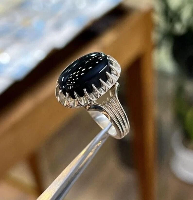 Anillo de ágata negra real de plata de ley 925 hecho a mano de ágata negra de alta calidad Foto 1 de 4