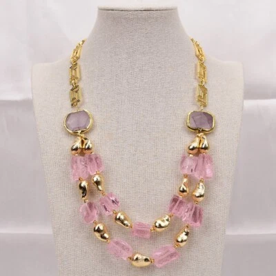 Collar de cadena de piedra amatista cuentas cepilladas de cuarzo de vidrio rosa natural de 2 filas Foto 1 de 4