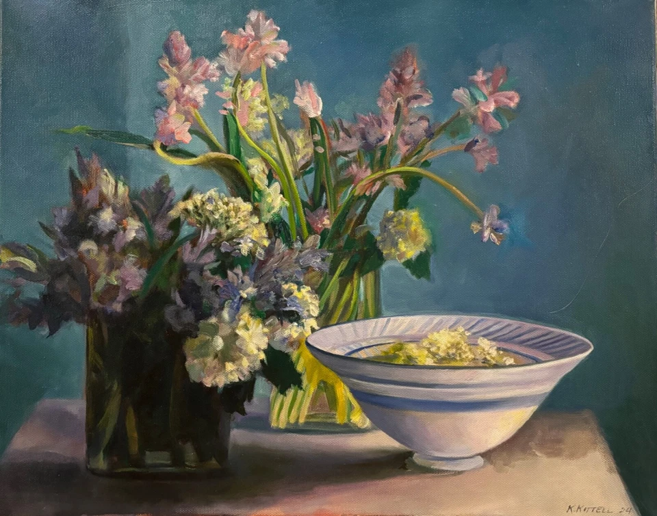 Arte Original Pintura al óleo sobre lienzo estirado, Flores en jarrones y cuenco. Foto 1 de 1