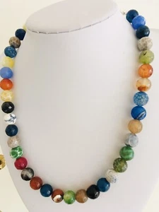 Multicolour Natural Agate Gemstones Necklace Silver Tone Beads Leaf Toggle Clasp - Picture 1 of 7