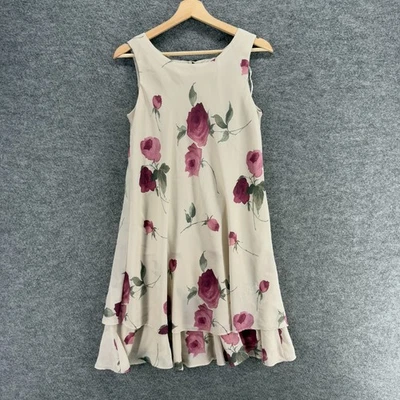 Vestido R&M Richards Mujer 6P Pequeño Beige Floral Cambio Midi Sin Mangas Gancho y Ojo Foto 1 de 4