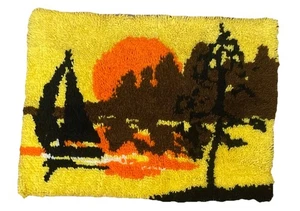 Sailboat With Setting Sun Latch Hook Rug Wall Hanging 27” x 19”~ 1970~VTG - Picture 1 of 10