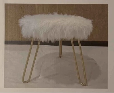 Luxury Foot Rest Metal Round Faux Fur Vanity Ottoman Stool with Golden Leg - Image 1 of 2