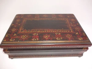 Vintage ? Dark Brown Wood Jewelry Storage Box Handpainted Flowers 14" x 9" x 5" - Picture 1 of 10