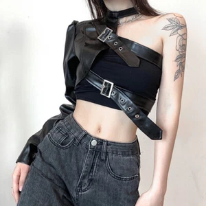 Sexy Crop Top Gothic Techwear Damen Steampunk Hip Hop PU Jacke Schulter - Bild 1 von 6