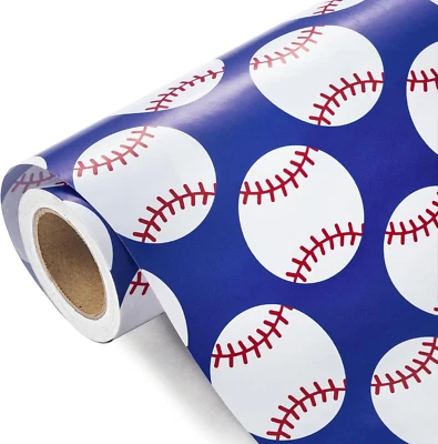 Baseball Wrapping Paper Roll - Mini Roll - 17 Inch X 9.8 Feet - Sports Blue Base - Image 1 of 4