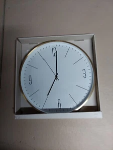 QUARTZ LARGE WALL CLOCK GOLD COLOR TRIM WHITE FACE  BLACK ANTALOG NO NUMBERS - Picture 1 of 5