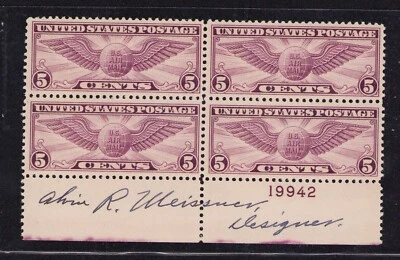 1930 US C12 Airmail Winged Globe 5c Plate Block of 4 Signed by Alvin Meissner - Image 1 of 3