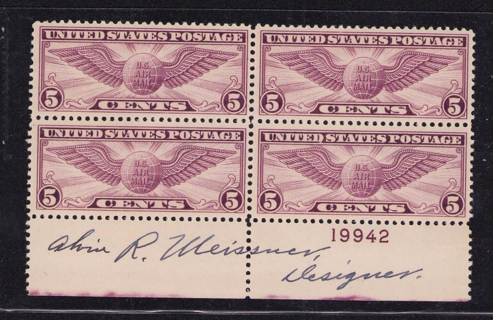 1930 US C12 Airmail Winged Globe 5c Plate Block of 4 Signed by Alvin Meissner - Image 1 of 3