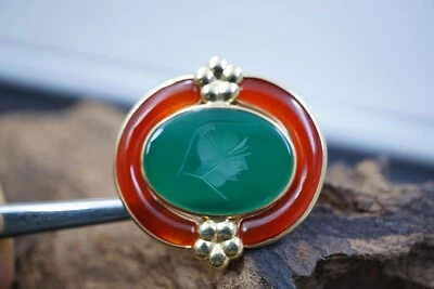 复古 14k 金 INTAGLIO 罗马士兵 Carnelian & Green Onyx 胸针 7.4 克 — 第 1/4 张图片