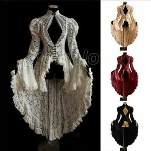 Womens Sheer Lace Victorian Dress Long Flare Sleeves Gothic Party Slim Dresses - Picture 1 of 20