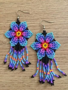 Flower Earrings Native Large Boho American Seed Beads Handmade Earring - Picture 1 of 2