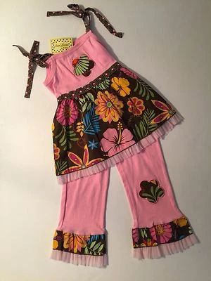 NWT Girl's ANN LOREN Boutique Brown Pink Floral Ruffled TOP & CAPRI Pants Size 6 - Image 1 of 4