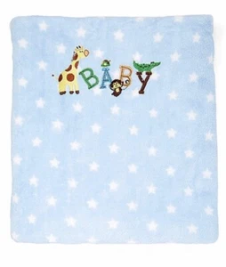 New Baby Boy Plush Blanket Blue Stars Embroidered Giraffe Monkey Turtle Soft - Picture 1 of 7