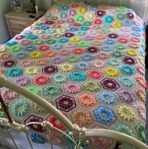 Vintage Hand Crochet Hexagon Colorful Flower Full/ Queen Size Blanket 84” by 96” - Picture 1 of 7