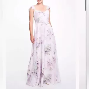 Abito in chiffon floreale lilla Marchesa con volant cami spalline e cravatta in vita taglia 0 - Foto 1 di 14
