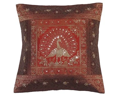 Rust Brown Gold Peacock Cushion Cover - Zari Brocade Beaded Throw Pillow 16" - Image 1 of 3