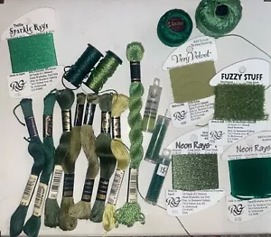 Threads for Needlepoint Embroidery Fibers Green Sampler Nylon Cotton Silk Etc - Picture 1 of 3