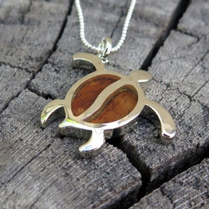 Hawaiian Jewelry Koa Wood Turtle Silver Rhodium Plated Brass Pendant BRP1161 - Picture 1 of 5