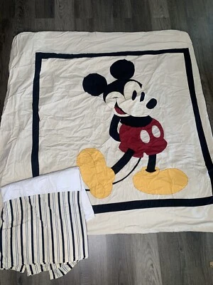 Disney Mickey Mouse Duvet Cover Twin Size W/ Stripe BedSkirt Reversible - Image 1 of 4