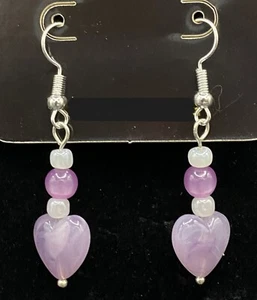Purple Heart with Iridescent Purple & White Bead Earrings by Neanie-Bot - Picture 1 of 1