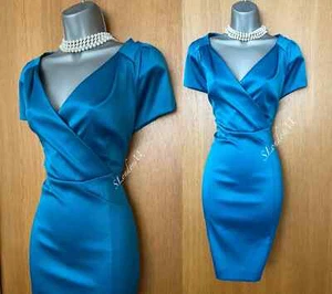 Vestido midi KAREN MILLEN UK 10 verde azulado satinado manga corta envolvente cuerpo graduación cóctel 38 - Imagen 1 de 11