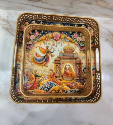 Handcrafted Metal Tray Set of 2 for Hosting Guests Rectangular Serving Treats - Image 1 of 3