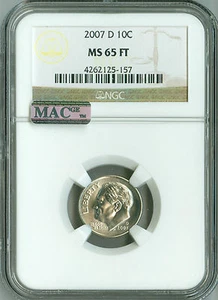 2007 D NGC MS65 FT MAC PQ ROOSEVELT DIME FULL TORCH, SPOTLESS, RARE, WHITE! - Picture 1 of 4