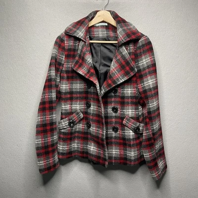 Maurices Womens Red & Gray Plaid Wool Blend Peacoat Jacket S - Image 1 of 4