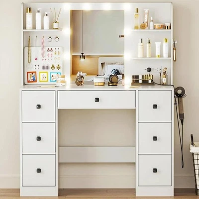 Escritorio tocador de 43" W con espejo iluminado y toma de corriente mesa de maquillaje tablero de exhibición Foto 1 de 4