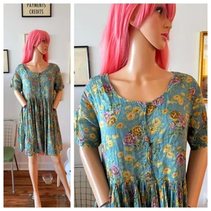 🌻 Vtg 90s Nepal Cotton Grunge Floral Babydoll Mini Dress M L - Picture 1 of 7