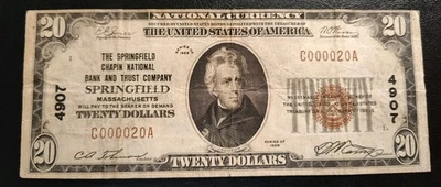 Springfield Chapin N.B. & T.C. Springfield Mass. $20 Ntl. Note, Low Serial No. - Image 1 of 4