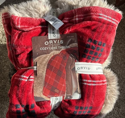 New Large Orvis Cozy Luxe 60” x 70” Throw Blanket Red Plaid Faux Fur Gorgeous - Image 1 of 2
