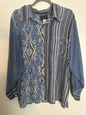 Koos por supuesto! De colección 100% Seda Años 90 Para Mujer 2X Azul Marfil Abstracto Abotonado Foto 1 de 3