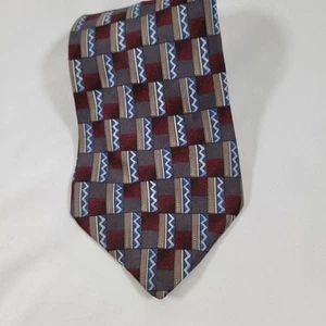 Barrington 100% Silk Necktie Gray Blue Red Square Geometric Print - Picture 1 of 2